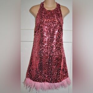 AIIFOS Revolve Pink Sequin Feather Hem Halter Mini Dress size XS/S Taylor Eras